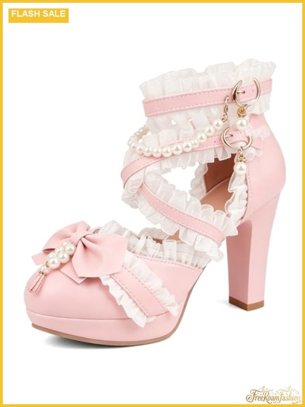 Lolita Mary Jane Platform Heels Pearl Bow Pumps Ruffled Buckle